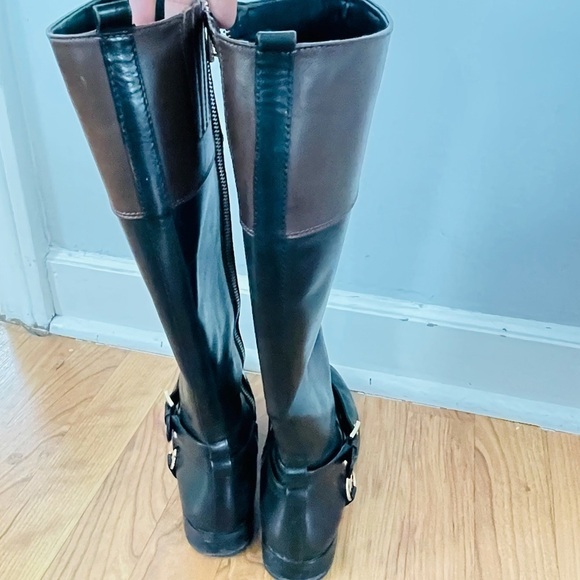 Michael Kors Riding Boots Black Brown Leather Logo Buckle Tall Boots 6 - Picture 4 of 6